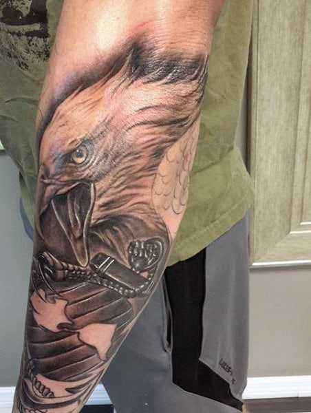 Grey Ink Spectacular Eagle Tattoo With Geometrical Design On Forearm