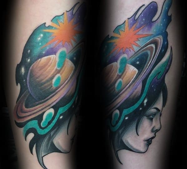 Forearm Female Portrait With Outer Space Planet Consciousness Male Tattoos