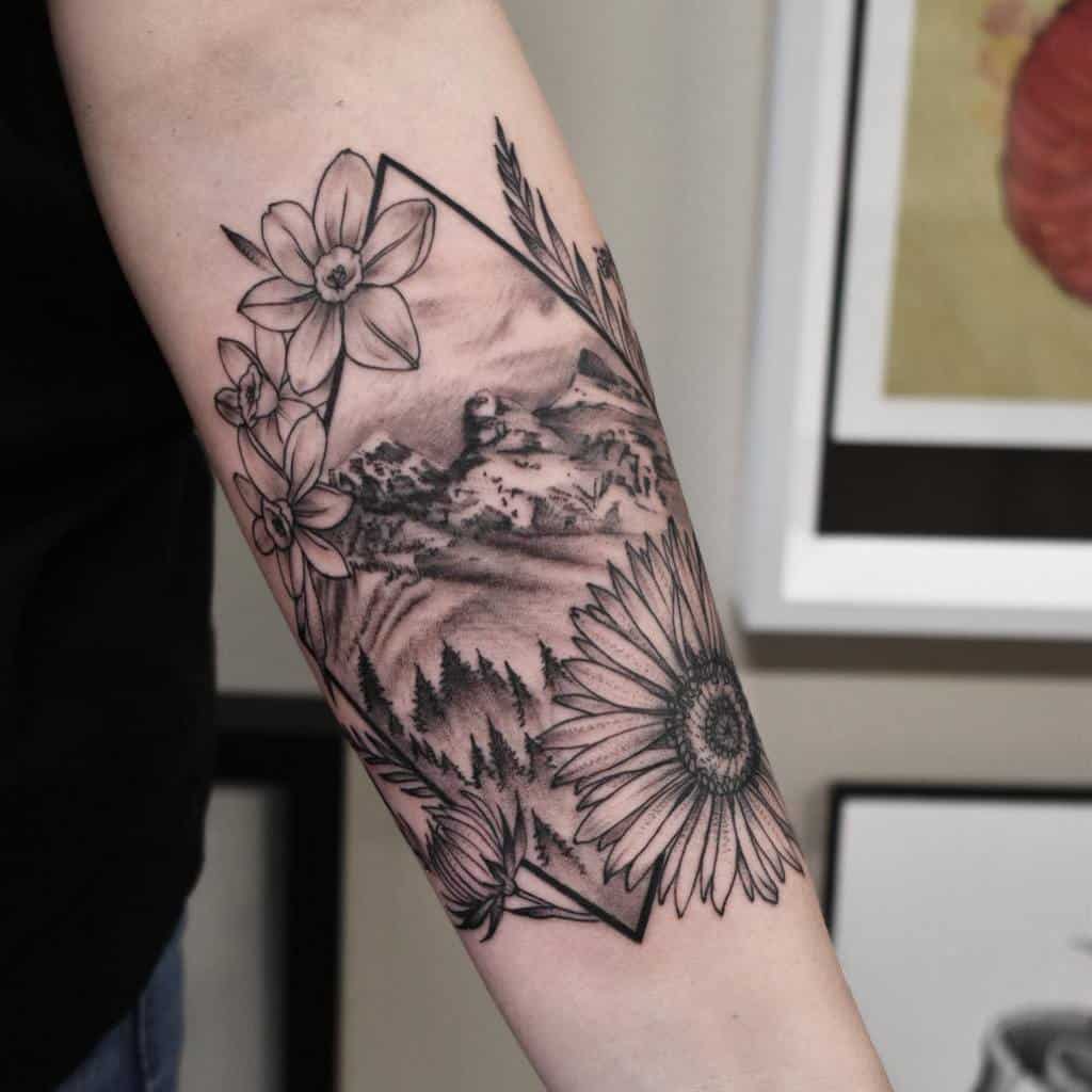 forearm geometric flower tattoo strange.artistries
