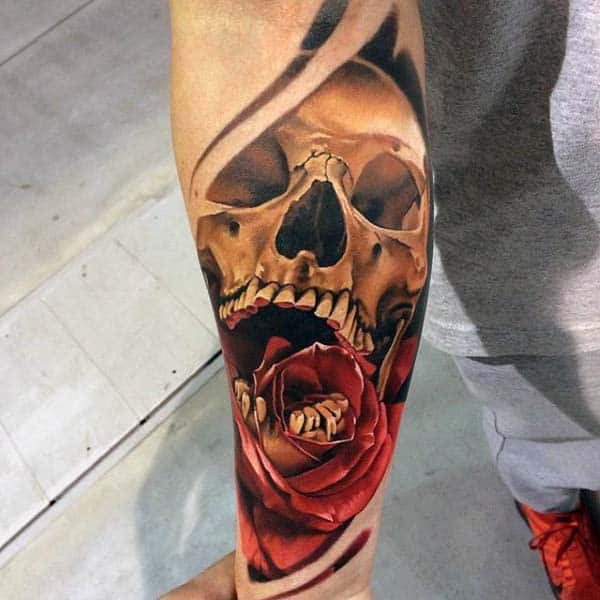 Forearm Gold Skull With Red Rose Extreme Male Tattoo