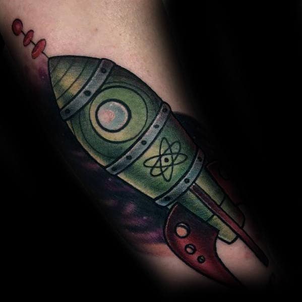 Forearm Green Rocket Ship Guys Tattoo Ideas