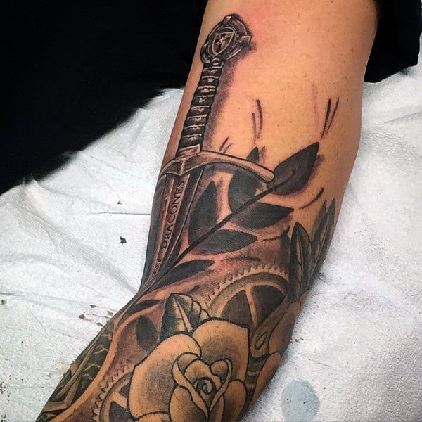 Forearm Guys Rose And Sword Tattoo