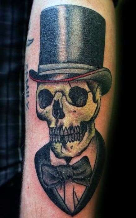Forearm Guys Skull With Top Hat Tattoos