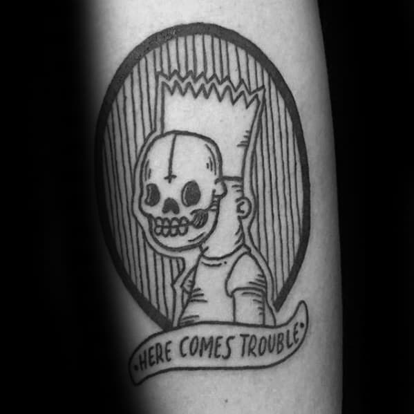 Forearm Here Comes Trouble Banner Bart Simpson Tattoos For Males