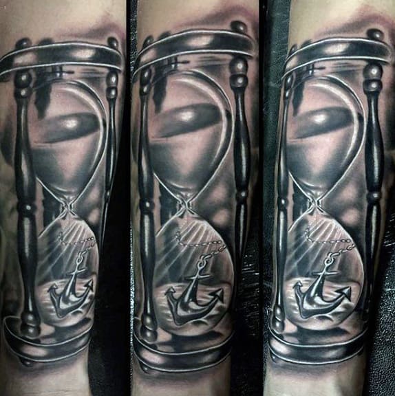 Forearm Hourglass With Anchor Inside Mens Tattoos