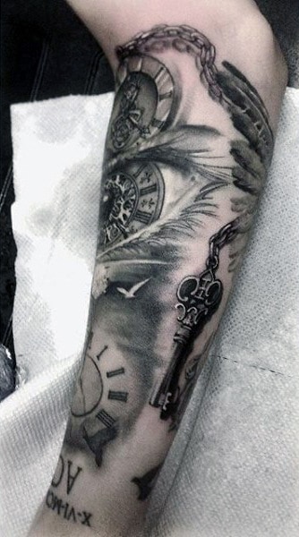 Forearm Key Tattoo With Clock For Men