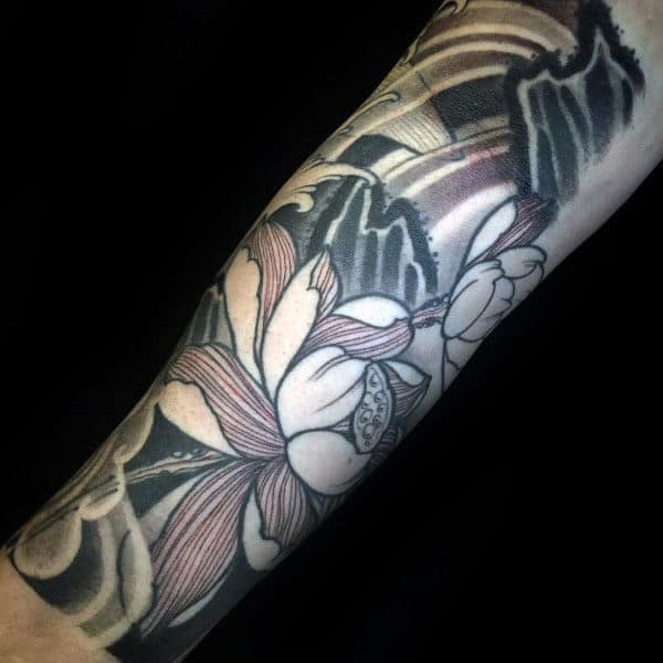 Forearm Lotus Flower Sleeve With Japanese Design For Guys