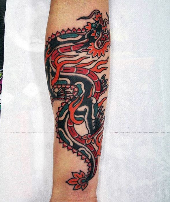 Forearm Male Flaming Traditional Dragon Tattoo
