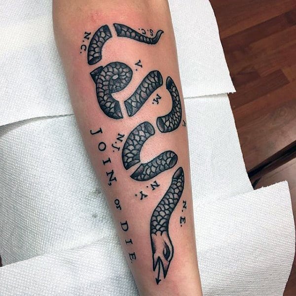 Forearm Male Join Or Die Snake Tattoos