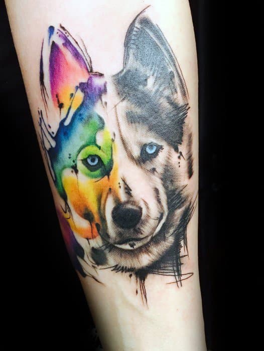 forearm-masculine-wolf-watercolor-tattoos-for-men