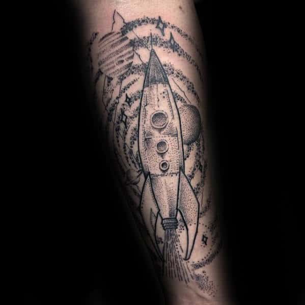 Forearm Outer Space Stars With Rocket Ship Mens Tattoo Designs