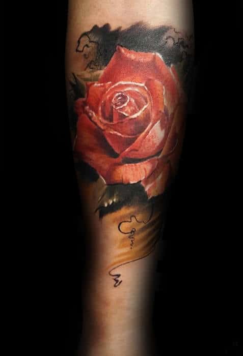 Forearm Realistic Rose Tattoo With Watercolor Background On Male