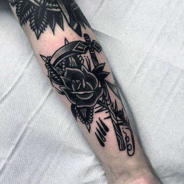Forearm Rose Flower Sharp Scythe Male Tattoo Ideas