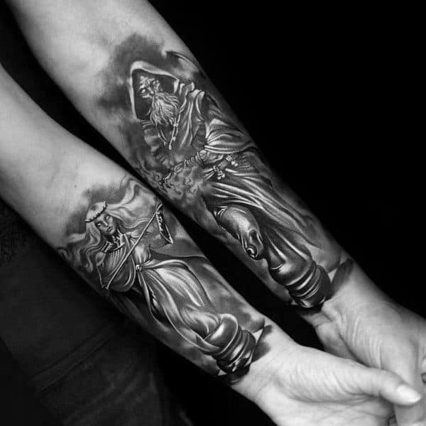 Forearm Shaded Black And Grey Couples With Tattoos