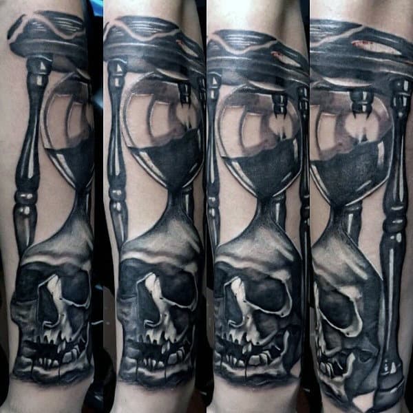 Forearm Skull Hourglass Tattoo For Men