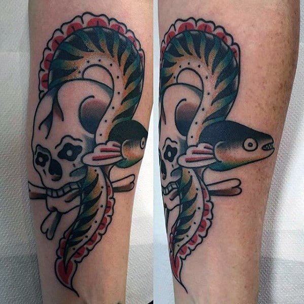 Forearm Skull With Eel Male Tattoo Traditional Old School Designs