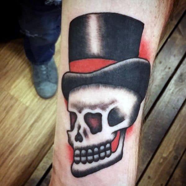 Forearm Skull With Top Hat Male Tattoos