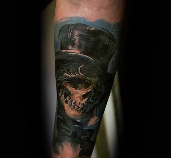 Forearm Sleeve 3d Realistic Guys Skull With Top Hat Tattoo Designs