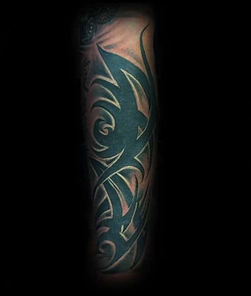 Grey Ink 3D Tribal Dragon Tattoo On Bicep