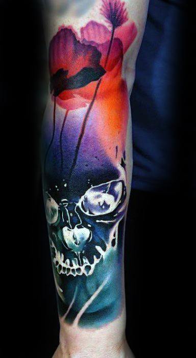 40 Watercolor Skull Tattoo Designs For Men - Colorful Ink Ideas