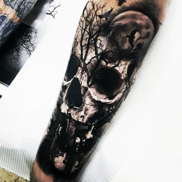 Forearm Sleeve Black And White Skull Tree Mens Tattoo Designs