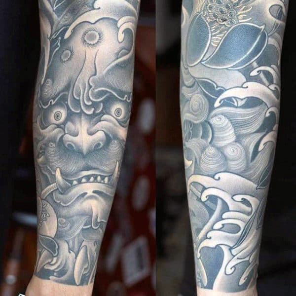 Forearm Sleeve Chinese Mask Mens Tattoos