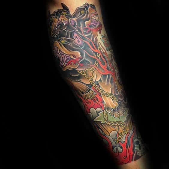Forearm Sleeve Colorful Cerberus Tattoos For Men