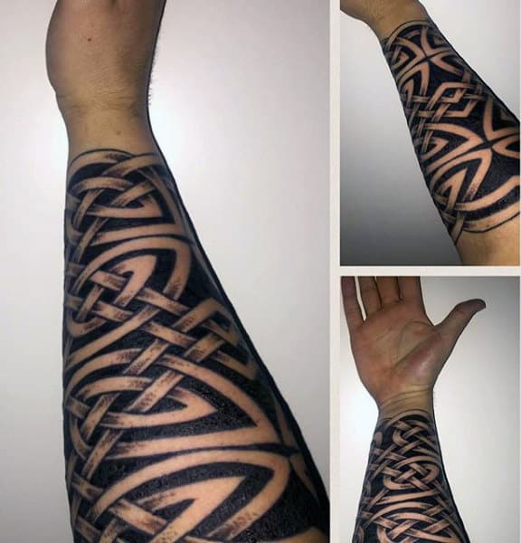 Forearm Sleeve Guys Black Ink Negative Space Celtic Knot Tattoos