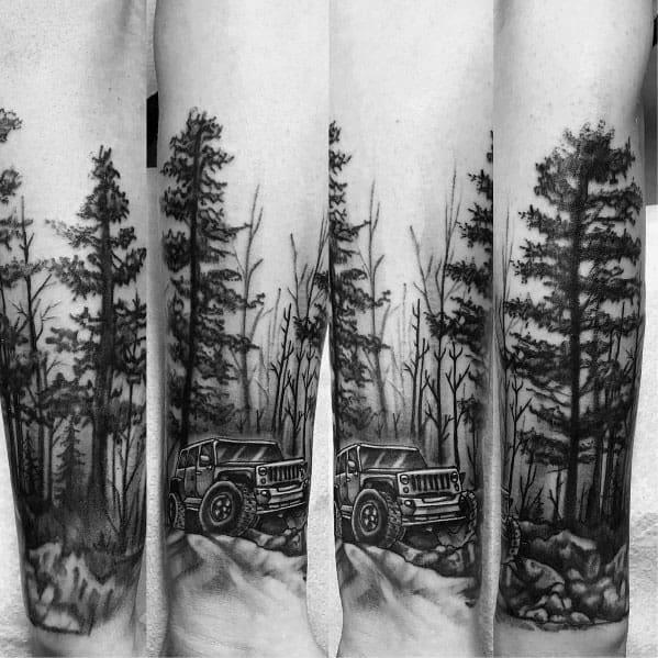 Forearm Sleeve Jeep Driving Over Boulders Mens Tattoo