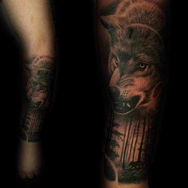 Forearm Sleeve Male Forest Wolves Tattoo Ideas