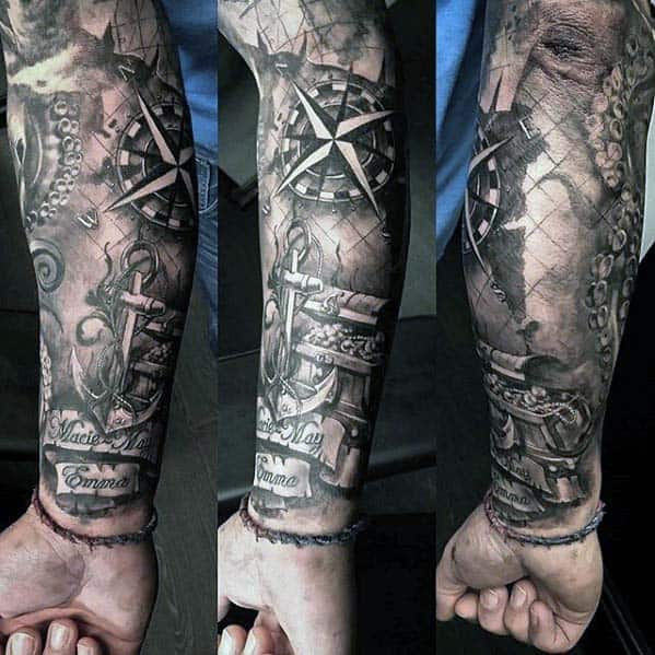 Forearm Sleeve Male Shaded Nautical Themed Tattoo Designs