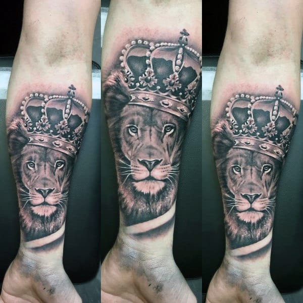 Forearm Sleeve Mens Lion With Crown Tattoos