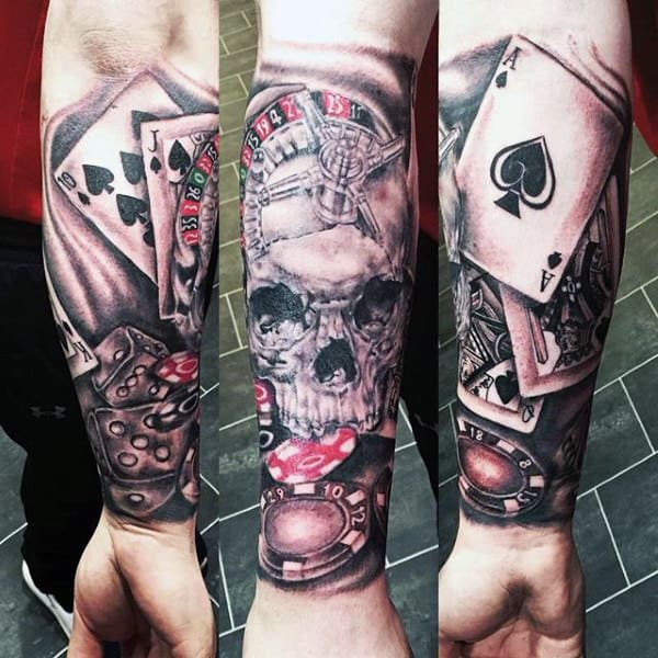 Forearm Sleeve Mens Playing Card Tattoo Ideas With Skull
