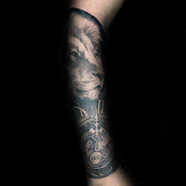 Forearm Sleeve Of Pocket Watch With Lion Tattoo On Guy