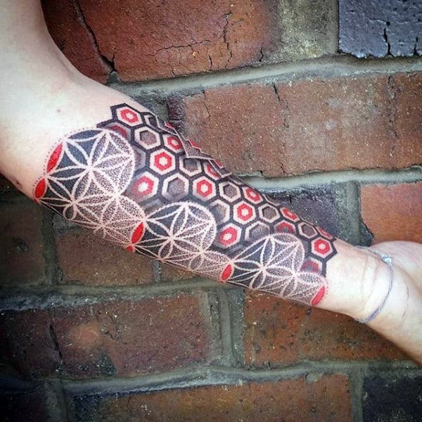 Forearm Sleeve Red And Black Dotwork Guys Flower Of Life Tattoo