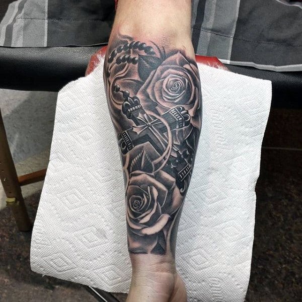 Forearm Sleeve Rose Flower Rosary Tattoo Designs For Gentlemen