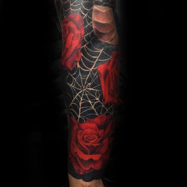 Forearm Sleeve Spider Web Red Roses Male Tattoo Ideas