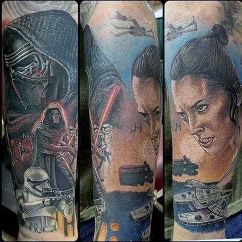 Forearm Sleeve Tattoo Of Lightsaber On Man With Star Wars Theme