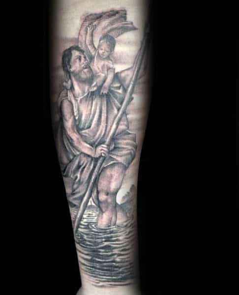 Forearm Sleeve Tattoo Saint Christopher For Men.