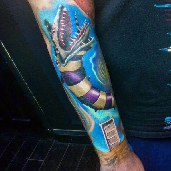 Forearm Sleeve Tattoo With 3d Snakeworm From Beetlejuice For Men.