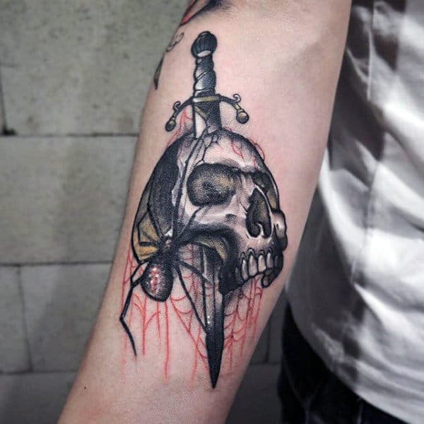 Forearm Spider On Skull Tattoo For Males