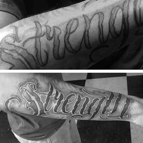 Forearm Strength Mens Word Tattoo