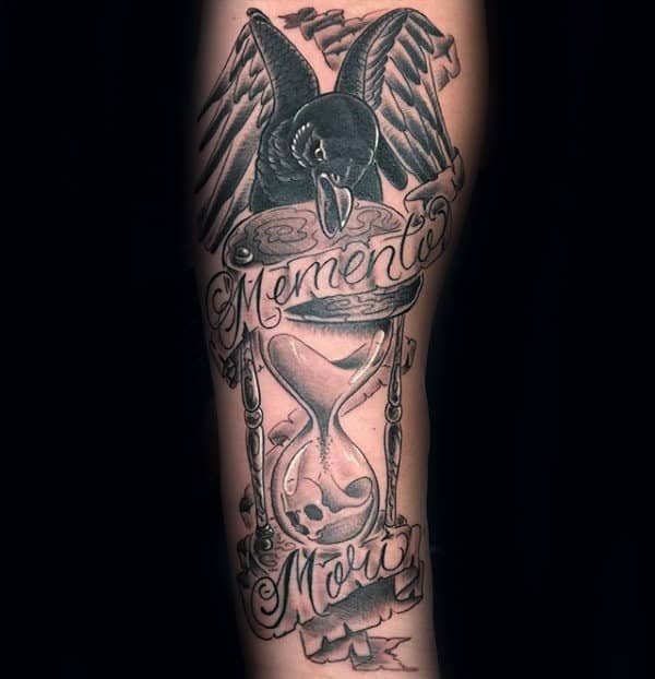Forearm Tattoo Of Memento Mori With Black Crow And Hourglass For Guys