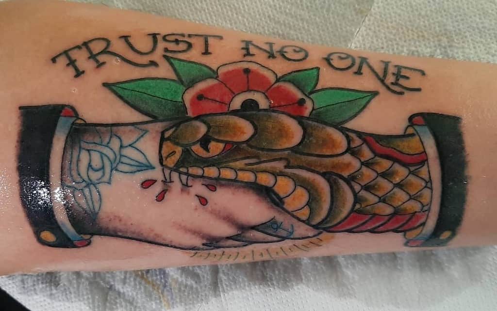 forearm trust no one tattoos totoretattoo