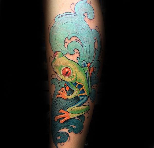 Forearm Water Wave Tree Frog Tattoo Ideas On Guys
