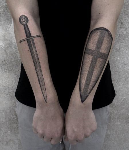 Forearms Knight Sword And Shield Mens Tattoo