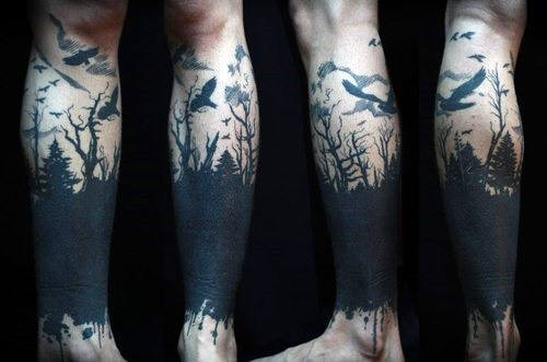 Forest Blackwork Mens Leg Sleeve Tattoo With Birds
