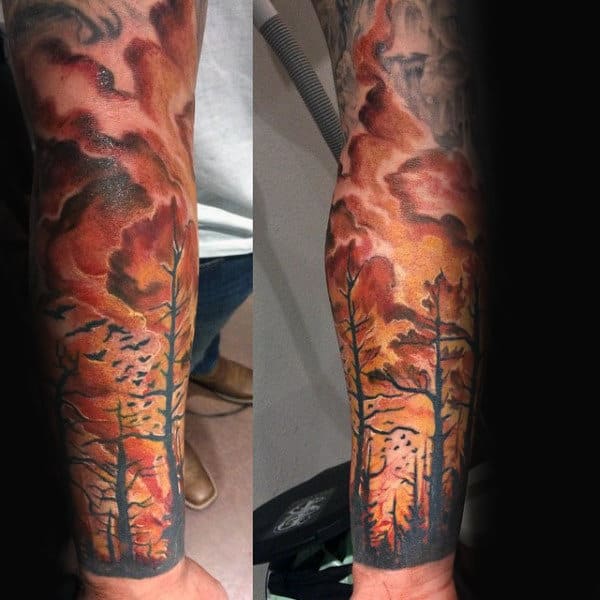 Forest Fire Guys Full Arm Sleeve Tattoo Design Ideas