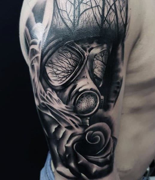 Forest Mens Gas Mask Tattoo On Upper Arm