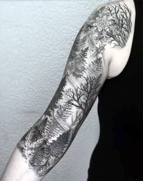 Forest Tree Snowflake Mens Half Sleeve Tattoos